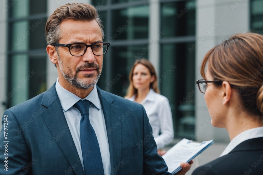 Fototapeta premium Businessman wearing glasses talking to businesswoman