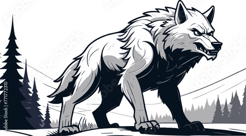 Werewolf or wild wolf stands in the forest at night. Vector black and white illustration of an angry wild  dog family animal