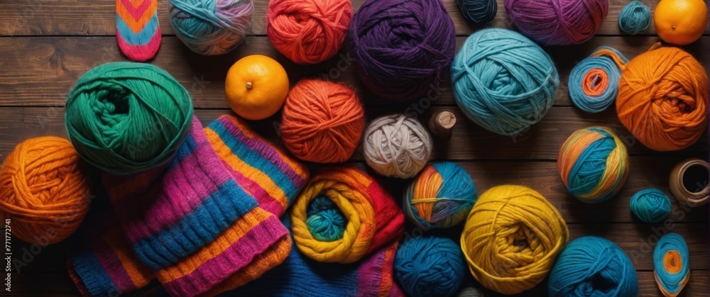 Multi-colored skeins of yarn and knitting needles on a wooden surface. Flat lay. Free space for text.