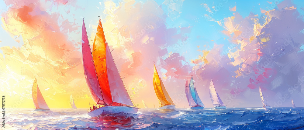 Colorful sailing boats oil painting - obrazy, fototapety, plakaty 