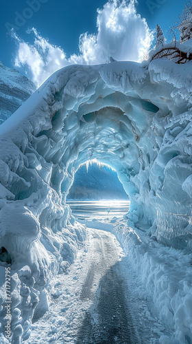 Travel to the glaciers. Glacier cave in the mountains. An amazing natural phenomenon.