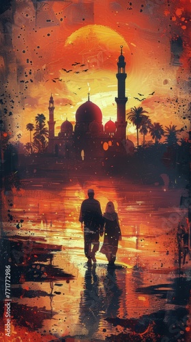 Two People Walking in Front of a Sunset