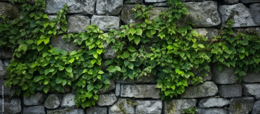 A building with a stone wall covered in ivy, creating a natural and charming look. The green vines climb up the brick facade, adding a touch of nature to the house A building with a stone wall covered in ivy, creating a natural and charming look. The green vines climb up the brick facade, adding a touch of nature to the house
