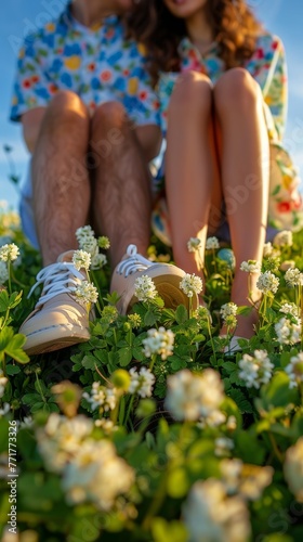 Man and Woman Sitting in Field of Flowers