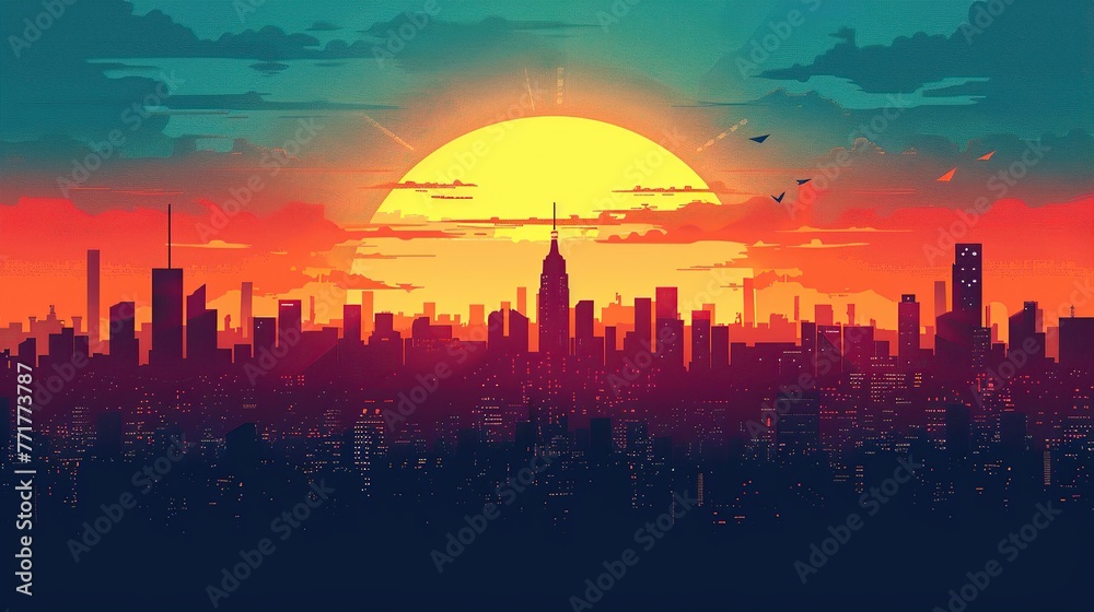 Cityscape against a colorful backdrop with city silhouettes and brightly shining lights