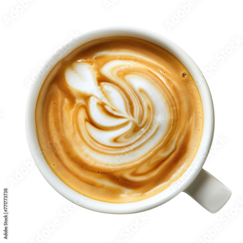 Top view of hot coffee cappuccino spiral milk foam on transparent or white background