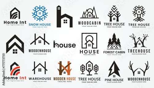 set bundle wooden house vector logo design icon template