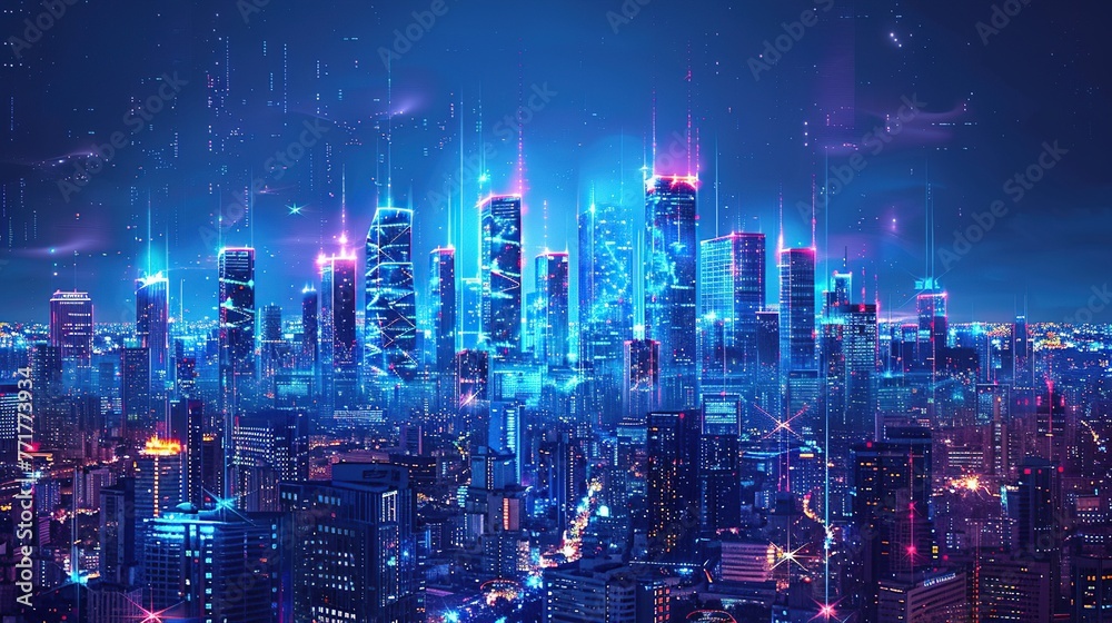 Night city illustration with neon glow and vivid colors