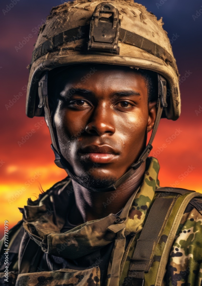 Afro man wearing military uniform with camouflage fatigues, sunset . Generative Ai Afro man wearing military uniform with camouflage fatigues, sunset . Generative Ai