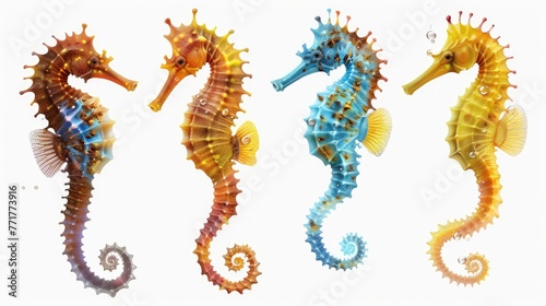 Photo realistic small little animal seahorse set collection. Isolated on white background Generative AI