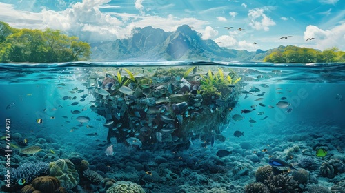 a large group of fish swimming around a large piece of trash floating in the ocean with a mountain in the background and a small island in the middle of the water with fish swimming around. photo
