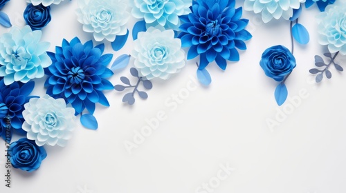 Spring or summer floral background with blue roses and chrysanthemums on white pastel colored paper. Flat lay, top view, copy space concept in the style of various artists