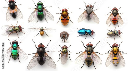 Photo realistic small little fly animal  set collection. Isolated on white background Generative AI © Dvid