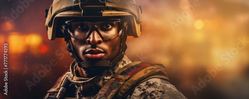 Afro man wearing military uniform with camouflage fatigues, sunset banner. Generative Ai,