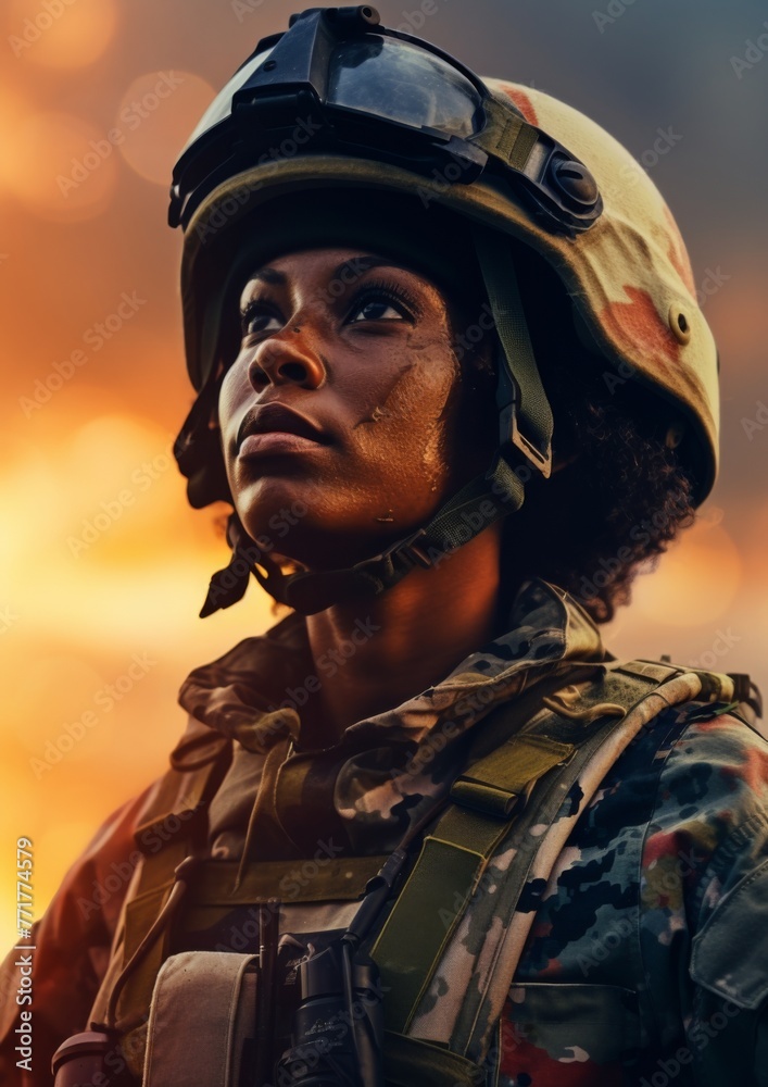 Afro woman wearing military uniform with camouflage fatigues, sunset. Generative Ai, Afro woman wearing military uniform with camouflage fatigues, sunset. Generative Ai,