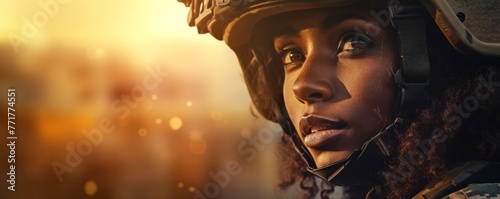 Afro woman wearing military uniform with camouflage fatigues, banner sunset. Generative Ai, photo