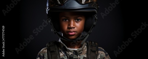 Afro kid wearing military uniform with camouflage fatigues, helmet, banner. Generative Ai, © annamaria