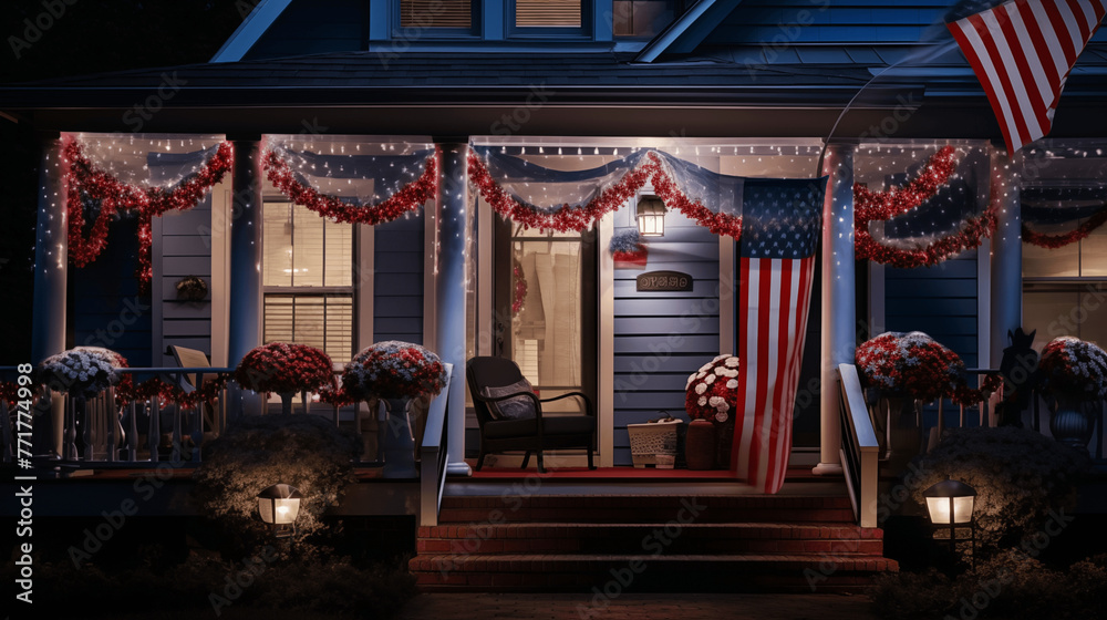 Patriotic 4th of July decor on house exterior, night, Memorial Day.