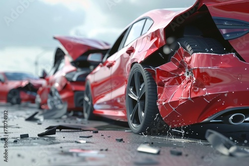 Damaged cars after accident on road, copy space banner for insurance or safety concept, 3D illustration photo