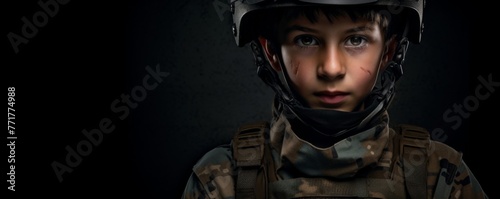 Afro kid wearing military uniform with camouflage fatigues, helmet, banner. Generative Ai, © annamaria