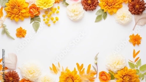 Spring or summer floral background with yellow and orange roses and chrysanthemums on white pastel colored paper. Flat lay, top view, copy space concept in the style of various artists