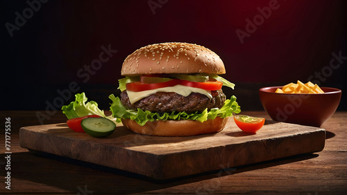 Advertise photo of a gourmet burger on a rustic wooden board