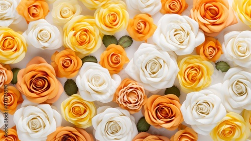 Spring or summer floral background with yellow and orange roses and chrysanthemums on white pastel colored paper. Flat lay, top view, copy space concept in the style of various artists