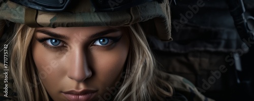European woman wearing military uniform with camouflage fatigues, helmet, banner. Generative Ai, photo