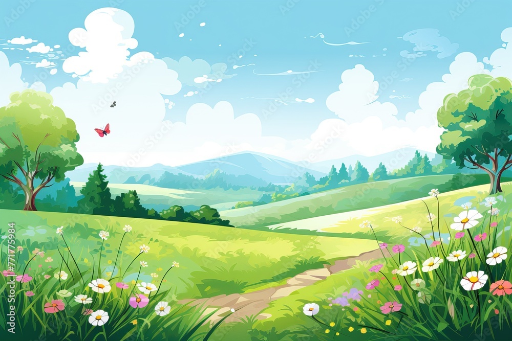 Fototapeta premium spring green fields landscape, blue sky and clouds background