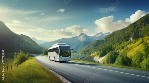 White Modern comfortable tourist bus driving through highway at bright sunny sunset. Travel and coach tourism concept. Trip and journey by vehicle © May