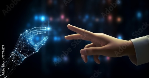 The human hand and robot finger touch a digital hologram of an artificial intelligence concept in the style of artificial intelligence technology for future business work on a dark blue background photo