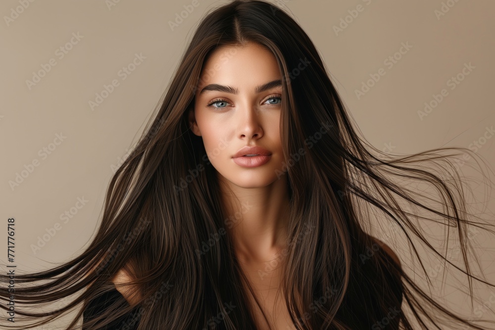 Beautiful young Caucasian woman with gorgeous long straight brunette hair looking into the camera Beautiful young Caucasian woman with gorgeous long straight brunette hair looking into the camera