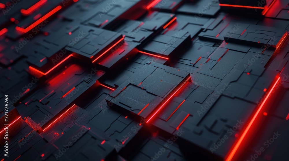 Abstract 3D black techno background overlap layers on dark space with red light effect decoration. Modern graphic design template elements for poster, flyer, cover, brochure, landing page, or banner Abstract 3D black techno background overlap layers on dark space with red light effect decoration. Modern graphic design template elements for poster, flyer, cover, brochure, landing page, or banner