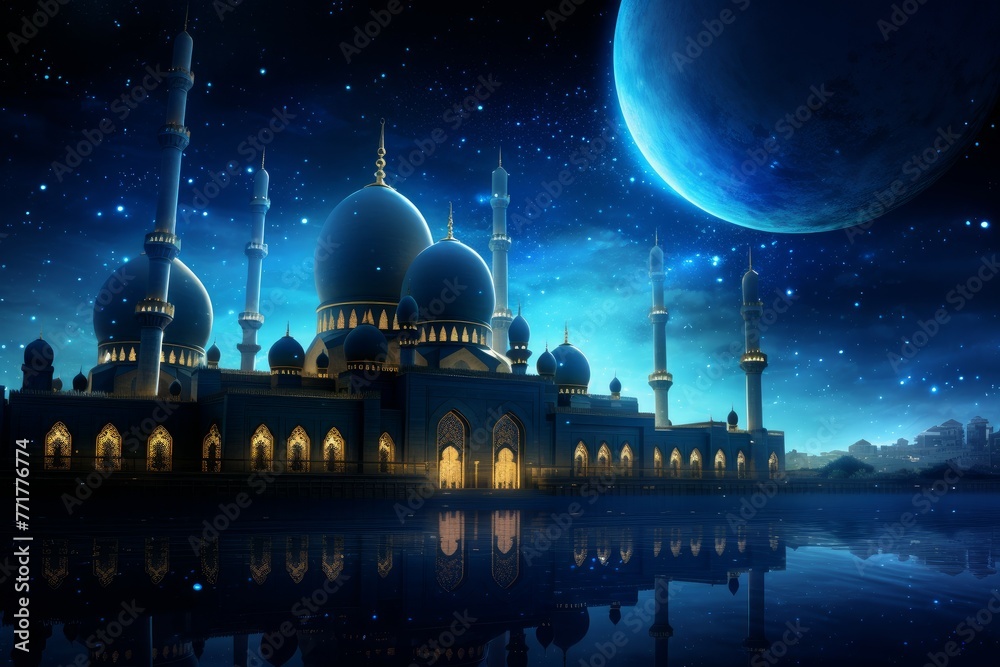 Silent Mosque stars night. Crescent night. Generate Ai