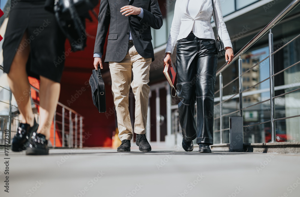 Business professionals in smart attire engaging in a meeting while strolling through a city on a bright sunny day. Business professionals in smart attire engaging in a meeting while strolling through a city on a bright sunny day.