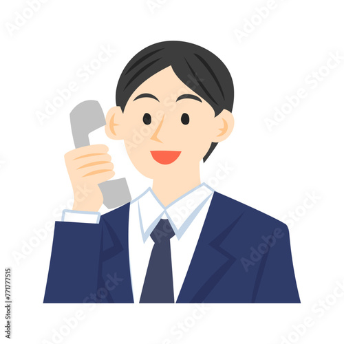 電話する男性社員のイラスト。フラットなベクターイラスト。
Male employee making a phone call. Flat vector illustration.