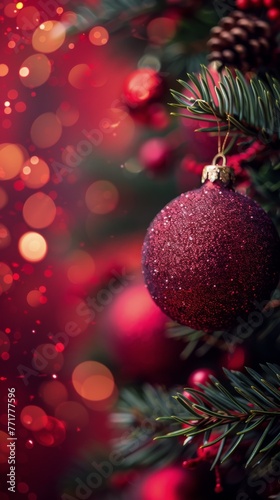 Christmas Ornaments on Red Background