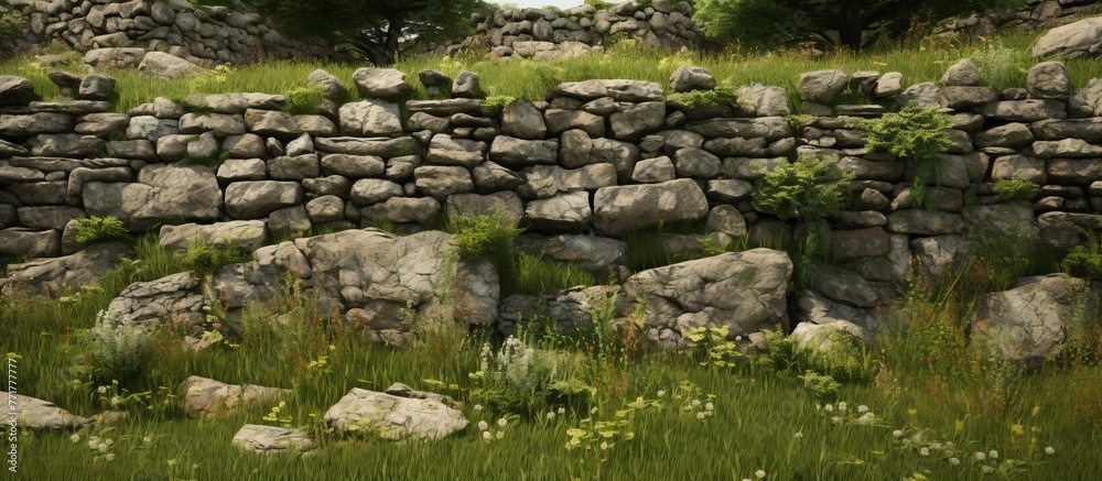 A stone wall stands amidst a field of grass and trees, creating a natural landscape blending elements of plant life and terrestrial plants