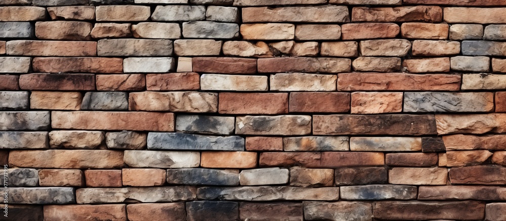 A close up of a brown brick wall with a pattern of rectangular bricks laid by a skilled bricklayer using mortar as a building material