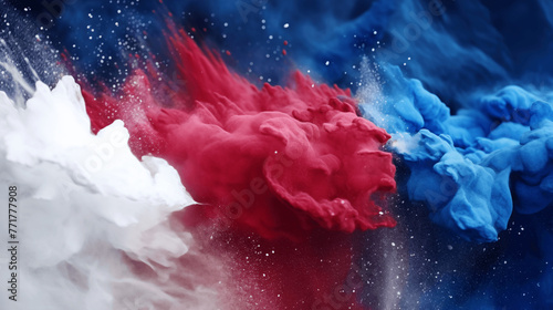 Red white and blue color powder splash. july 4th celebration. American flag for Memorial Day, white graves, 4th of July, Labour Day.