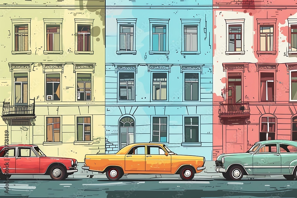 Series of vintage backgrounds decorated with retro cars and old city street views. Hand drawn Vector Illustration.