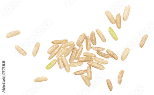 Valokuva Fresh long brown rice, uncooked and hulled, isolated on white, top view