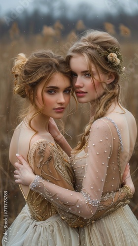 Two Young Women Hugging by Window