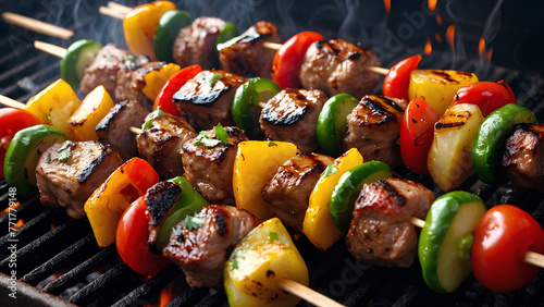 shish kebab on charcoal, vegetables, onions, tomatoes and lemon with flames background, healthy protein food. Generative AI