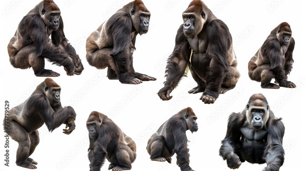 Cute photo realistic animal gorilla set collection. Isolated on white background