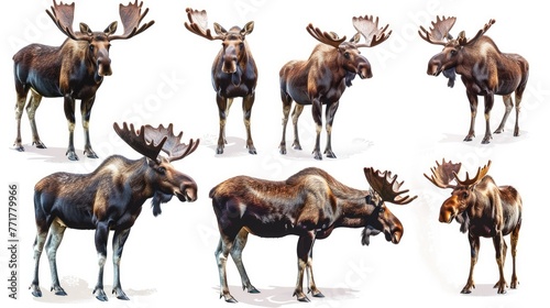 Cute photo realistic animal moose set collection. Isolated on white background