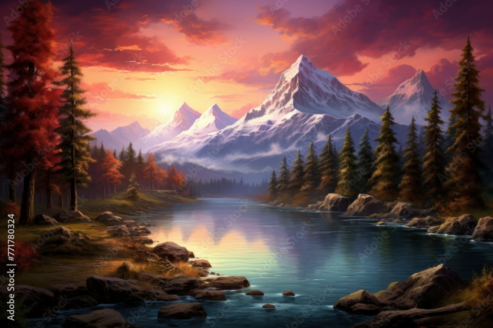 Tranquil Mountains art sunset lake. Landscape view. Generate Ai