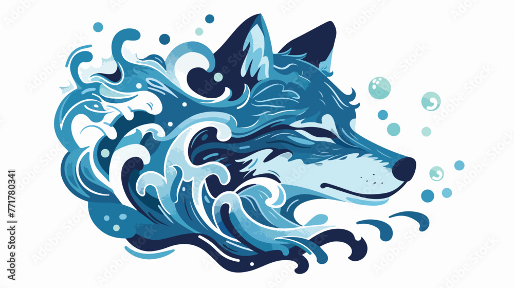 A mix of wolf logo and sea waves flat cartoon vacto