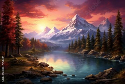 Tranquil Mountains art sunset lake. Landscape view. Generate Ai