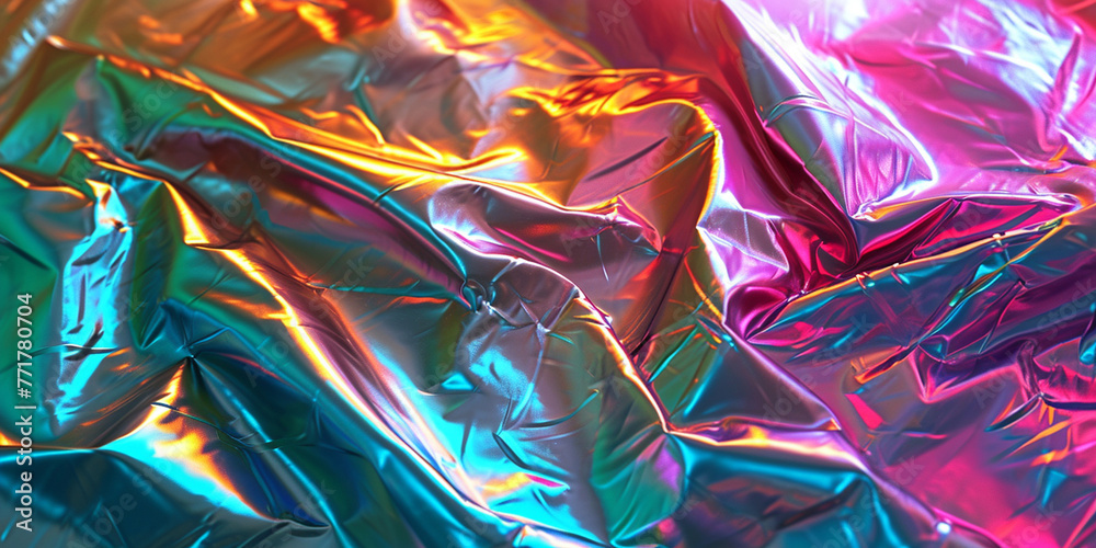 Holographic gradient neon texture. Trendy texture with polarization effect, colorful neon holographic stains. Abstract background in psychedelic Vaporwave style like in old retro tie-dye design of 70s